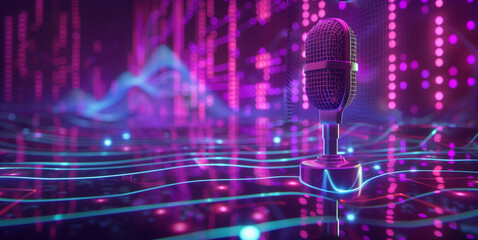 A retro style microphone is illuminated by vibrant pink and blue neon lights, creating a dynamic...