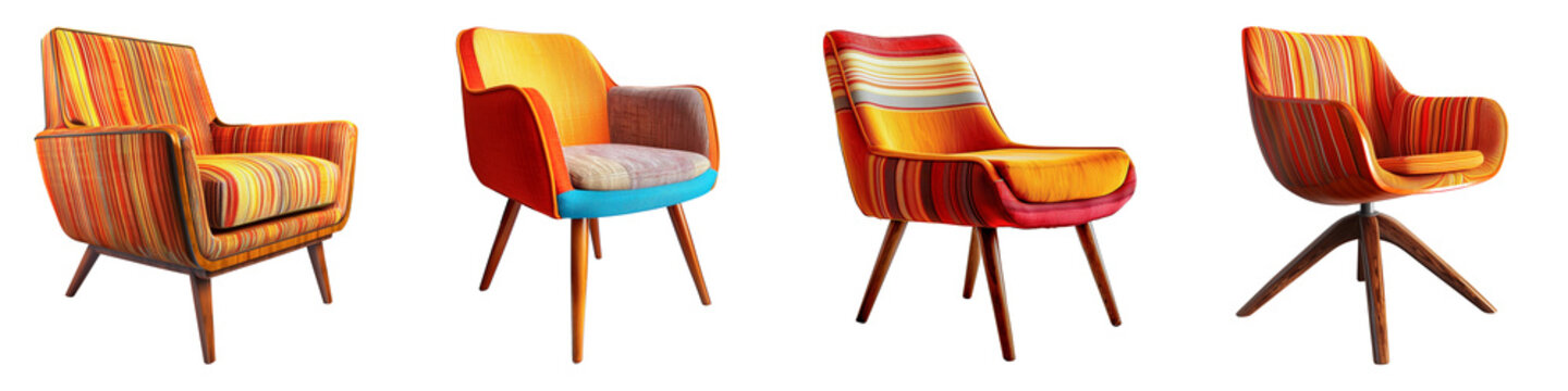 Fabric chair with wooden legs, retro style, colorful vintage pattern