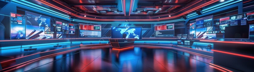 A futuristic news studio with holographic news anchors