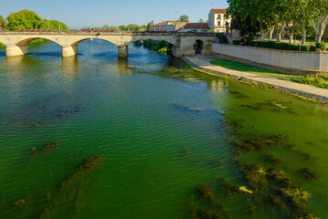 Fototapeta premium Pont Vieux- A bridge spans a river with a castle in the background