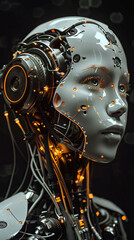Female AI robot head with detailed face illuminated circuitry and glowing eyes on black background closeup profile off center with copy space