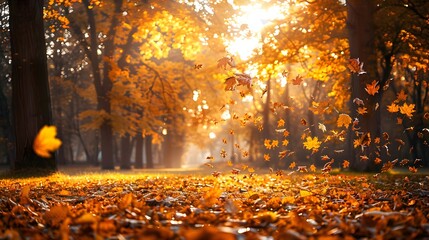 Falling tree leaves in autumn