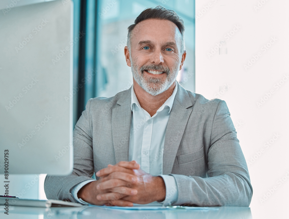 Aufkleber office, portrait and mature man at computer with confidence, smile and professional at consultancy. 