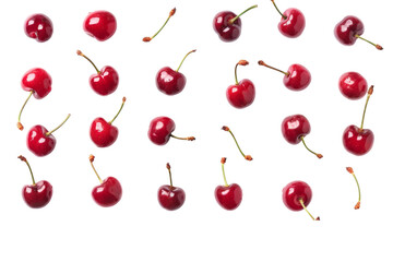 Group of cherries in various angles, each one separated on a white background, emphasizing their vibrant red color