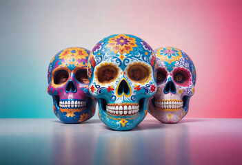 three colorful day of the dead sugar skulls with colorful flowers painted on them on a colorful background