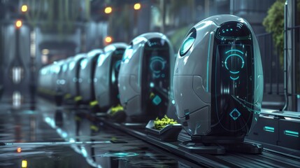 Cyberpunk Delivery Hub: Futuristic robots await deployment in a neon-lit, rain-slicked urban alley, hinting at a world transformed by automation. 