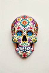 a colorful day of the dead sugar skull with colorful floral pattern painting on a white background