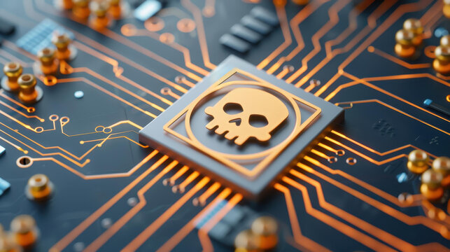 Illustration of cyber attack concept with computer hacked, system error, virus, and malware symbol in 3D rendering.