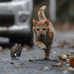 The cat is running to catch the mouse