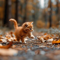 The cat is running to catch the mouse