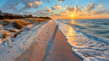 Man's shadow on the beach at sunset