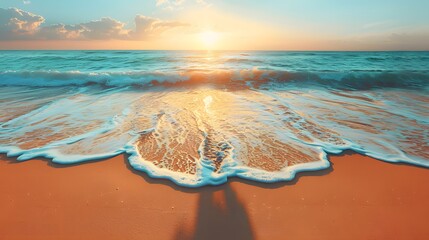 Man's shadow on the beach at sunset