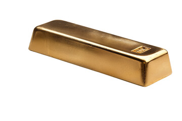 Single gold bar with a gleaming surface, isolated on a white background, displaying its detailed inscriptions and weight