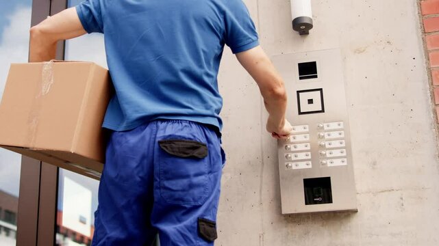 Professional delivery man ringing doorbell holding cardboard box