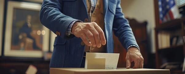 Obraz premium A close-up of a ballot being placed into a box with the American flag in the background during the presidential election.