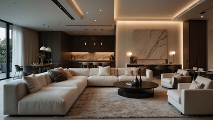Modern Luxury Living Room with Open Kitchen and Elegant Interior Design