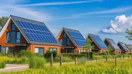 Obraz premium Elegant Dutch-style houses in Darlowo, Poland, with solar panels and clear blue sky 