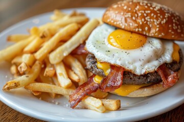 Burger with a sunny-side-up egg bacon and cheese served