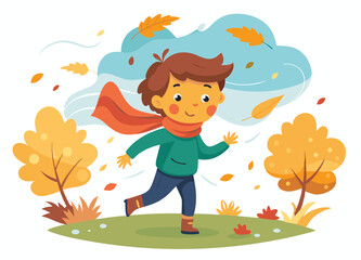 Child in stormy weather. Autumn strong wind.