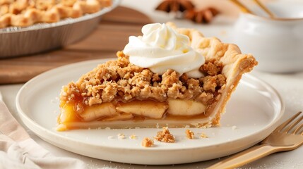 Slice of Classic Apple Pie Streusel Whipped Cream Topping