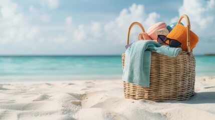 A woven straw basket with beach towels, sunglasses, and sunscreen on a beach.