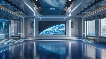 3D rendering of a virtual TV studio news set with a blue and white color theme