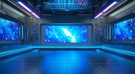 Obraz premium 3D rendering of a virtual TV studio news set with a blue and white color theme