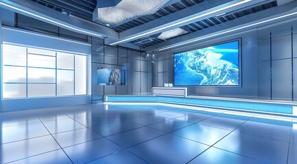 3D rendering of a virtual TV studio news set with a blue and white color theme