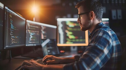 A software development team, including a programmer using adaptive technology, coding and collaborating on a new project Stock Photo with copy space