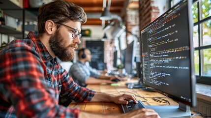 A software development team, including a programmer using adaptive technology, coding and collaborating on a new project Stock Photo with copy space