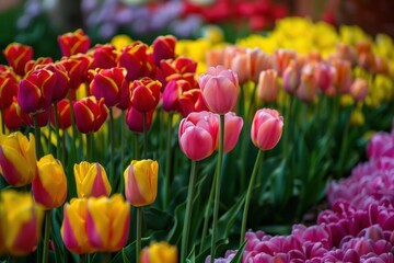 Garden of tulips in various colors neatly planted