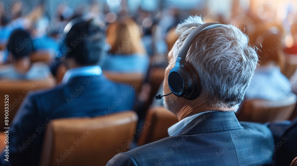 Poster An inclusive call center where a hearing-impaired employee uses a TTY device to assist customers, emphasizing accessible communication tools Stock Photo with copy space