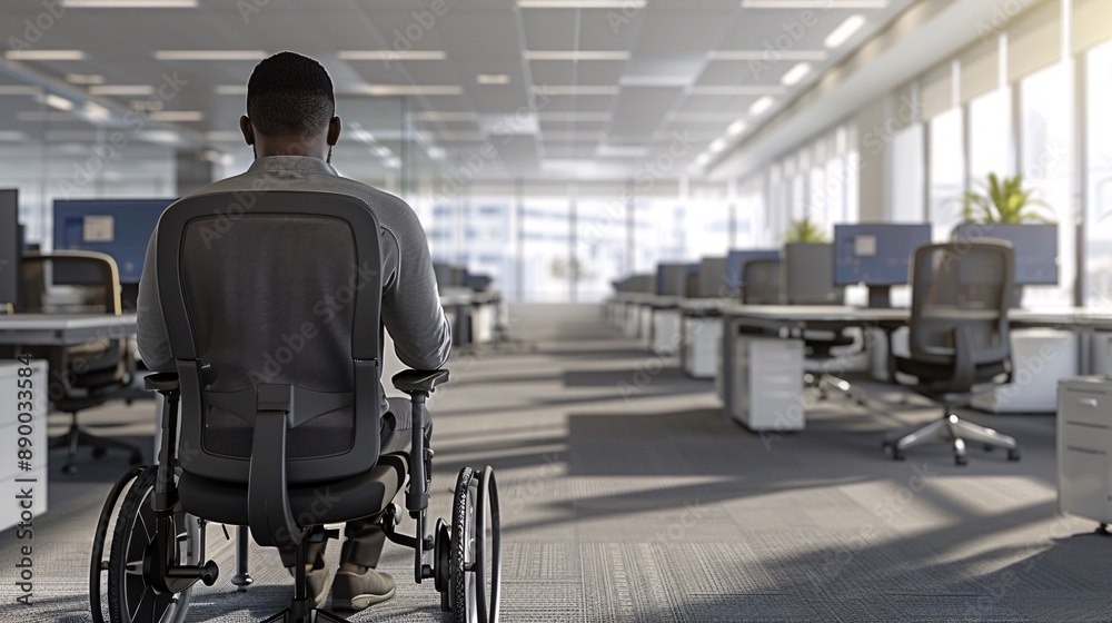 Aufkleber an open office layout featuring an employee with a disability using ergonomic furniture and assistiv