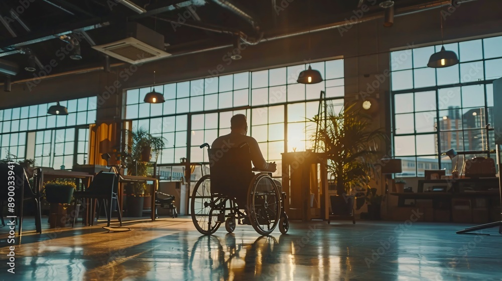 Poster A collaborative workspace where an employee with a limb difference uses adaptive tools to work alongside peers on a shared project Stock Photo with copy space