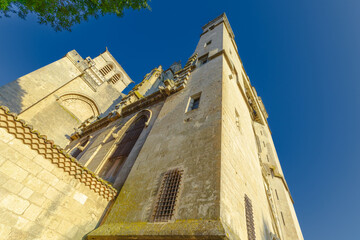 Obraz premium Cathedral Saint-Nazaire-A river runs through a town with a castle in the background