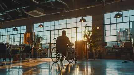 A collaborative workspace where an employee with a limb difference uses adaptive tools to work alongside peers on a shared project Stock Photo with copy space