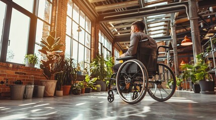 A collaborative workspace where an employee with a limb difference uses adaptive tools to work alongside peers on a shared project Stock Photo with copy space