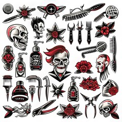 Obraz premium Traditional Barbershop Themed Tattoo Flash Set