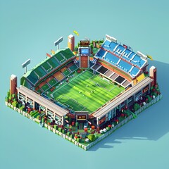 Vibrant Pixel Art of a Colorful Sports Stadium with Detailed Bleachers and Surrounding Buildings