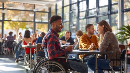 An inclusive workplace cafeteria showing employees of all abilities sharing a meal and conversing, promoting social inclusion and camaraderie Stock Photo with copy space