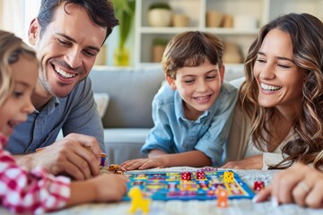Fototapeta premium Parents and two kids playing board games