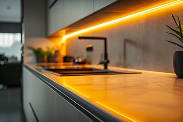 Warm Glow of LED Strip Lighting Enhances Modern Kitchen Counter and Decor