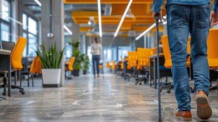 An office scene where a person with a visual impairment is using a guide cane and braille display to navigate their workday Stock Photo with copy space