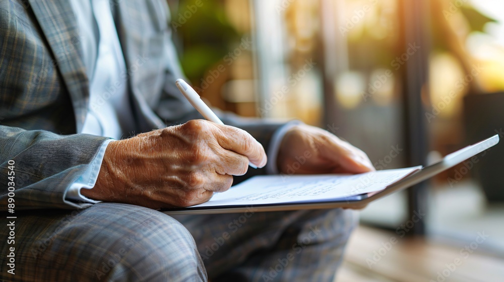 Aufkleber A team meeting where an employee with a cochlear implant is using a tablet to take notes and contribute to the discussion Stock Photo with copy space