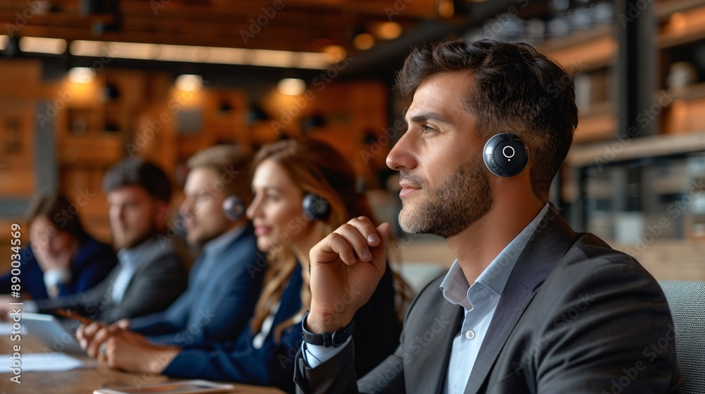 Aufkleber A team meeting where an employee with a cochlear implant is using a tablet to take notes and contribute to the discussion Stock Photo with copy space