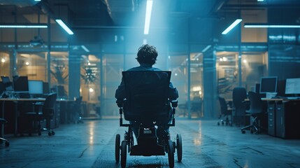 Obraz premium An office worker with a mobility scooter navigating through an accessible workspace equipped with wide aisles and ramps Stock Photo with copy space