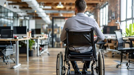 Obraz premium An office worker with a mobility scooter navigating through an accessible workspace equipped with wide aisles and ramps Stock Photo with copy space