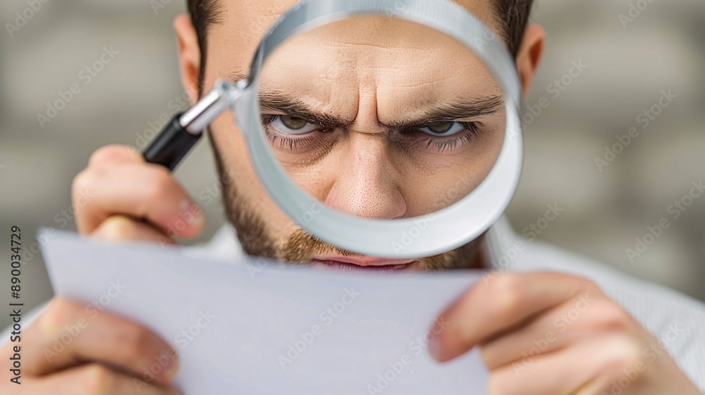 Aufkleber A visually impaired employee using a magnifying device to read documents and perform their job tasks Stock Photo with copy space