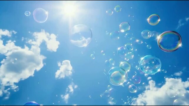 青空に浮かぶ、上に上がっていくシャボン玉