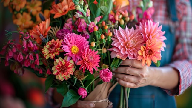 A florist meticulously arranges a vibrant bouquet, showcasing her skill in creating a stunning floral masterpiece.